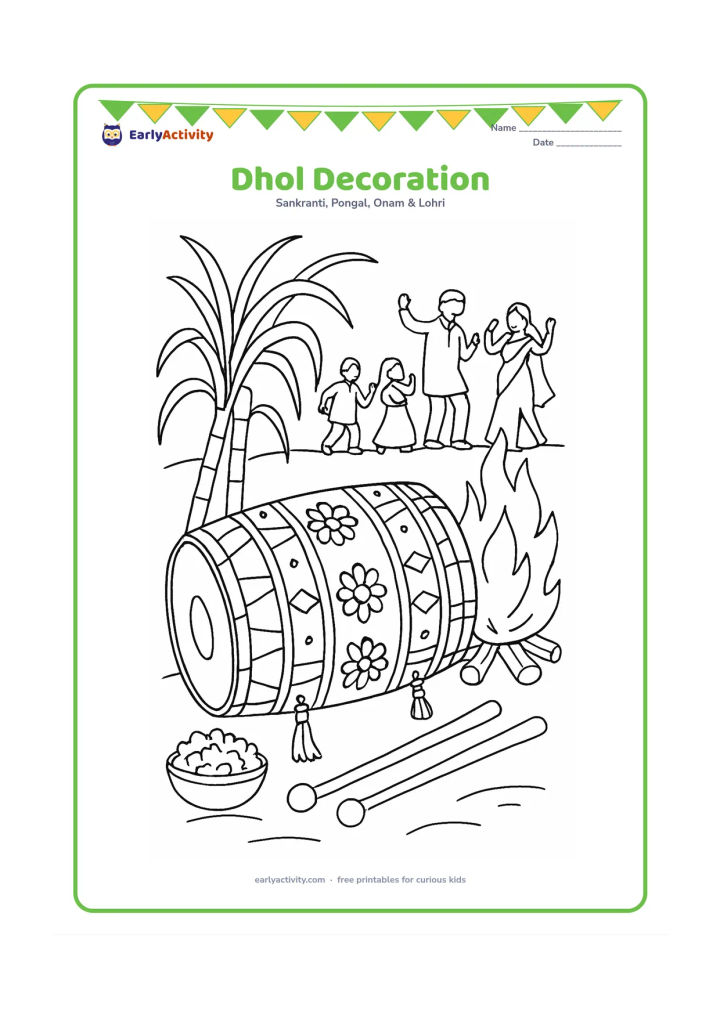 Colouring page: Draw a close view of a large dhol resting beside a bonfire, with two drumsticks, tassels, geometric bands and floral-style decorations on its surfaces. Add sugarcane, popcorn and distant…