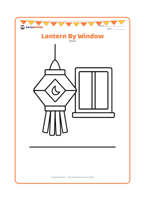 Colouring page: Draw one large hanging Diwali lantern beside a simple Indian home window, with a small crescent-shaped flame or bulb inside and short decorative tassels. Show a plain wall and a low sill.