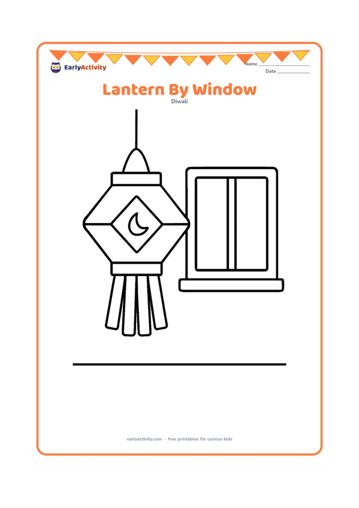 Colouring page: Draw one large hanging Diwali lantern beside a simple Indian home window, with a small crescent-shaped flame or bulb inside and short decorative tassels. Show a plain wall and a low sill.