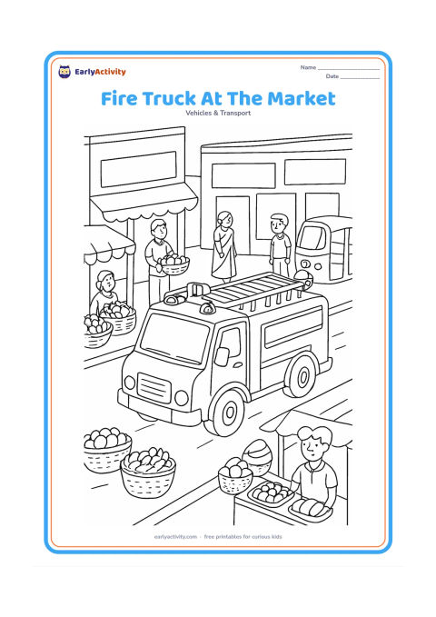 Colouring page: Draw a fire engine moving slowly through an Indian market street while vendors and shoppers stand safely to the side. Include simple fruit stalls, baskets, an auto-rickshaw and shop…
