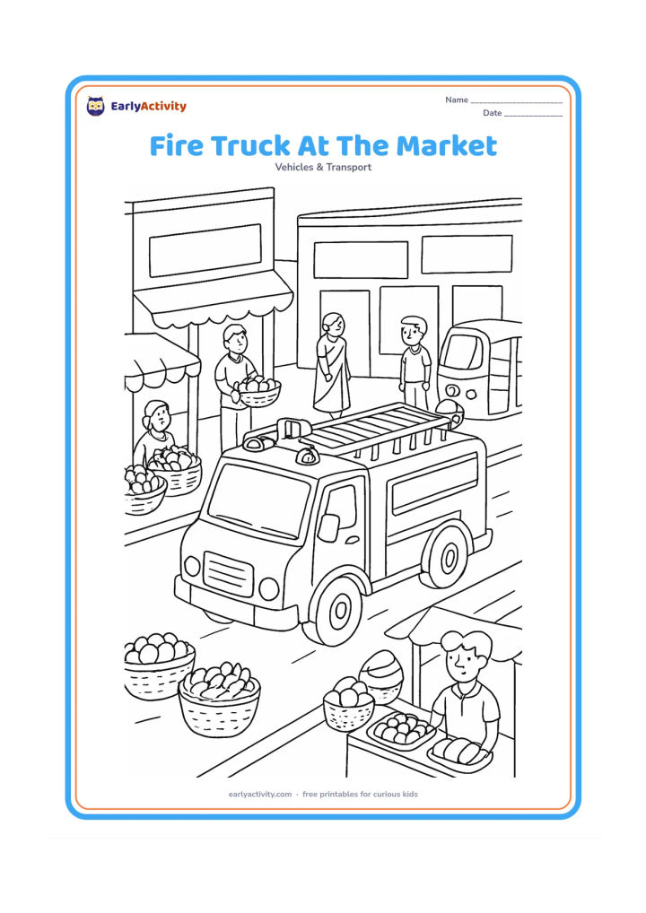 Colouring page: Draw a fire engine moving slowly through an Indian market street while vendors and shoppers stand safely to the side. Include simple fruit stalls, baskets, an auto-rickshaw and shop…