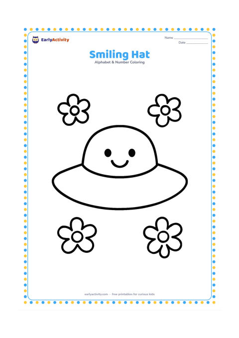 Colouring page: A large cheerful sun hat with a simple smiling face on its plain crown, centered with a few loose flowers around it. Leave the hat completely free of letters, numbers, patterns, and labels.