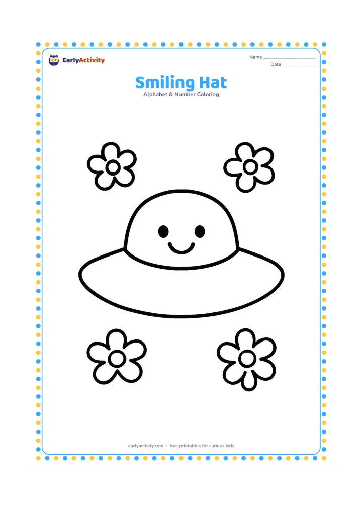 Colouring page: A large cheerful sun hat with a simple smiling face on its plain crown, centered with a few loose flowers around it. Leave the hat completely free of letters, numbers, patterns, and labels.