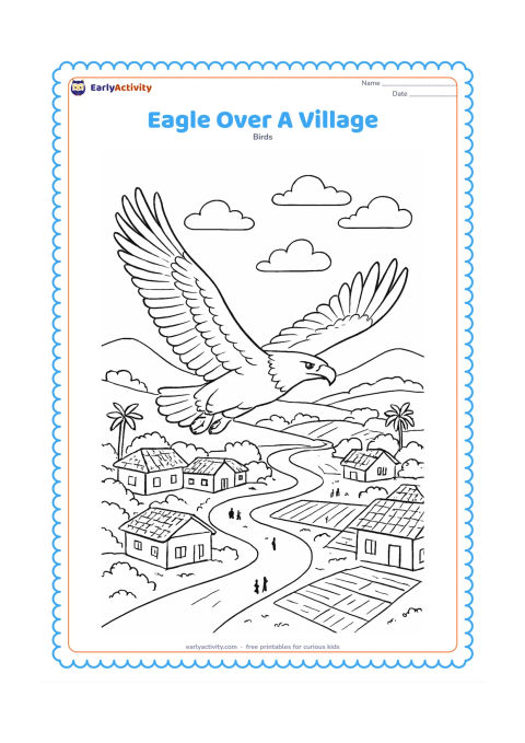 Colouring page: Draw an eagle gliding above an Indian village landscape with tiled rooftops, a winding path, crop plots, palm trees and people represented only as tiny peaceful silhouettes. Add distant…