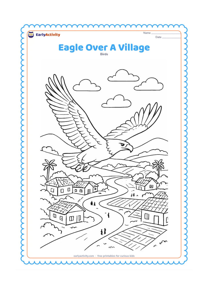 Colouring page: Draw an eagle gliding above an Indian village landscape with tiled rooftops, a winding path, crop plots, palm trees and people represented only as tiny peaceful silhouettes. Add distant…