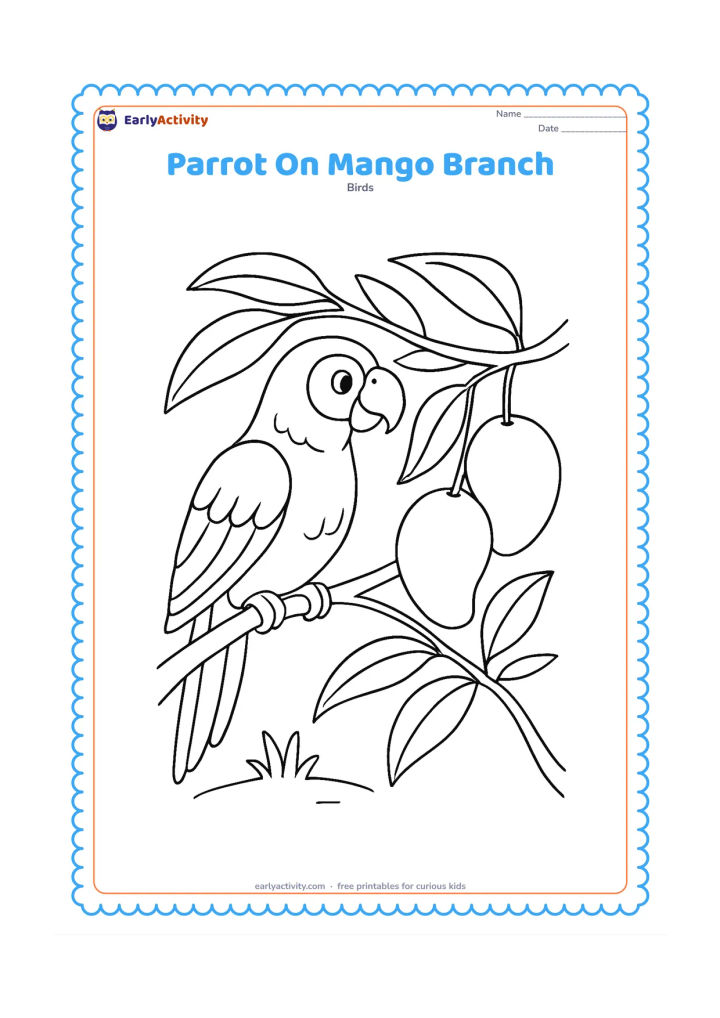 Colouring page: Draw a parrot gripping a mango tree branch with both feet while looking toward two hanging mangoes. Include several large mango leaves and a small patch of ground below.