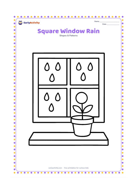 Colouring page: Draw a large square window with four square panes, raindrops outside, and a simple round potted plant on the inside sill. Add a rectangular table edge below the window.