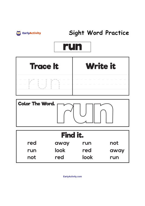 Worksheet featuring the sight word “run” for tracing, writing, colouring and finding among other words.