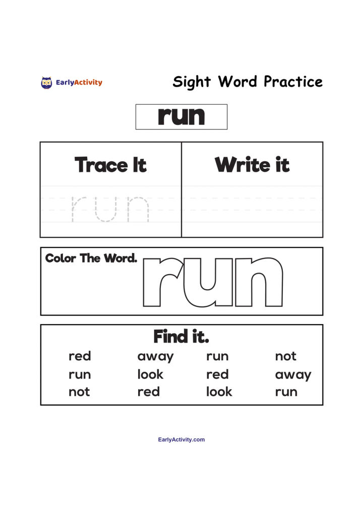 Worksheet featuring the sight word “run” for tracing, writing, colouring and finding among other words.