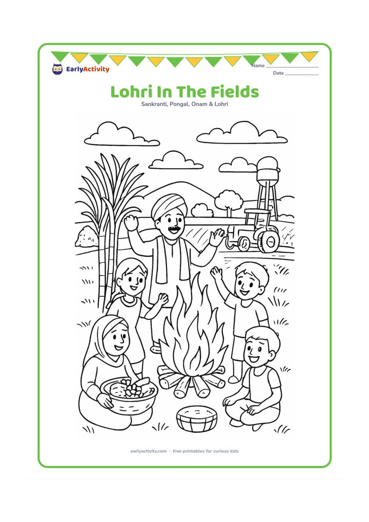 Colouring page: Draw farmers and children celebrating beside harvested fields, with a large bonfire, stacked sugarcane, a decorated dhol and a shared food basket. Include a tractor in the distance, hay…