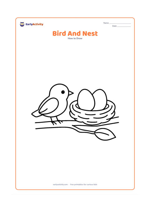 Worksheet: A small bird sits beside a round nest containing two large eggs on a low branch. Show a simple oval body, folded wing, triangle beak and clear feet, with one leaf nearby.