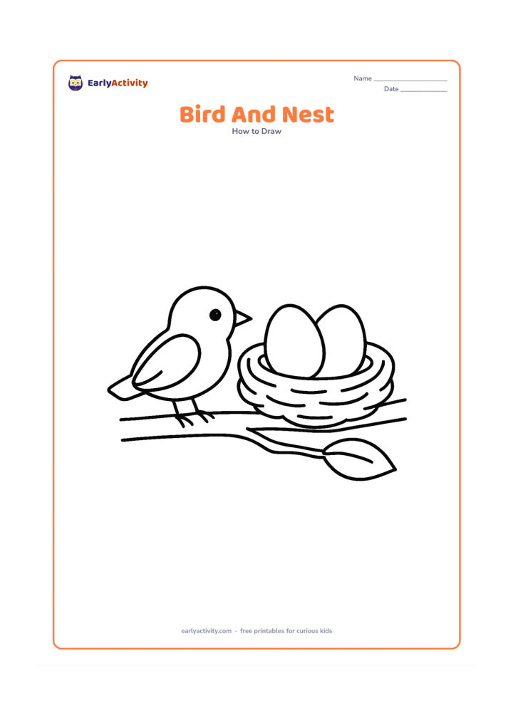 Worksheet: A small bird sits beside a round nest containing two large eggs on a low branch. Show a simple oval body, folded wing, triangle beak and clear feet, with one leaf nearby.