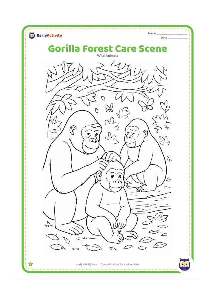 Colouring page: An adult gorilla sits grooming a young gorilla while another family member rests beside them in a leafy clearing. Add a fallen log, butterflies, ferns, layered branches and scattered leaves.