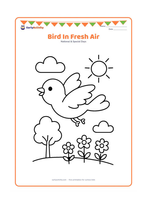 Colouring page: Draw a cheerful bird flying above a small tree and three flowers, with wide clouds and a bright sun around it. Leave plenty of open space between the objects.