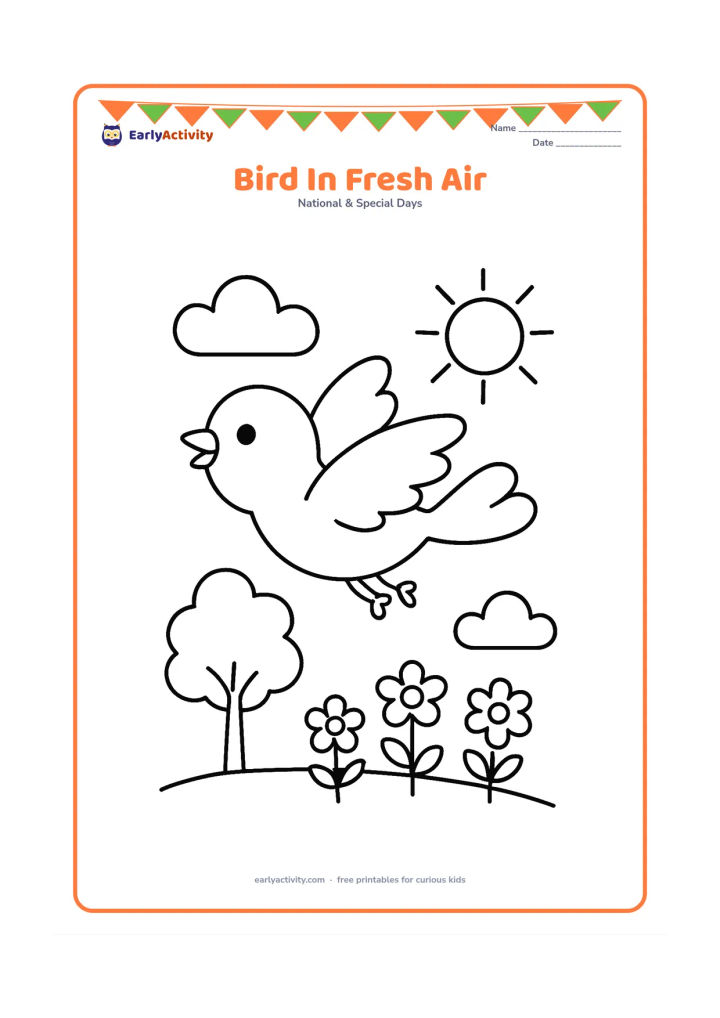 Colouring page: Draw a cheerful bird flying above a small tree and three flowers, with wide clouds and a bright sun around it. Leave plenty of open space between the objects.
