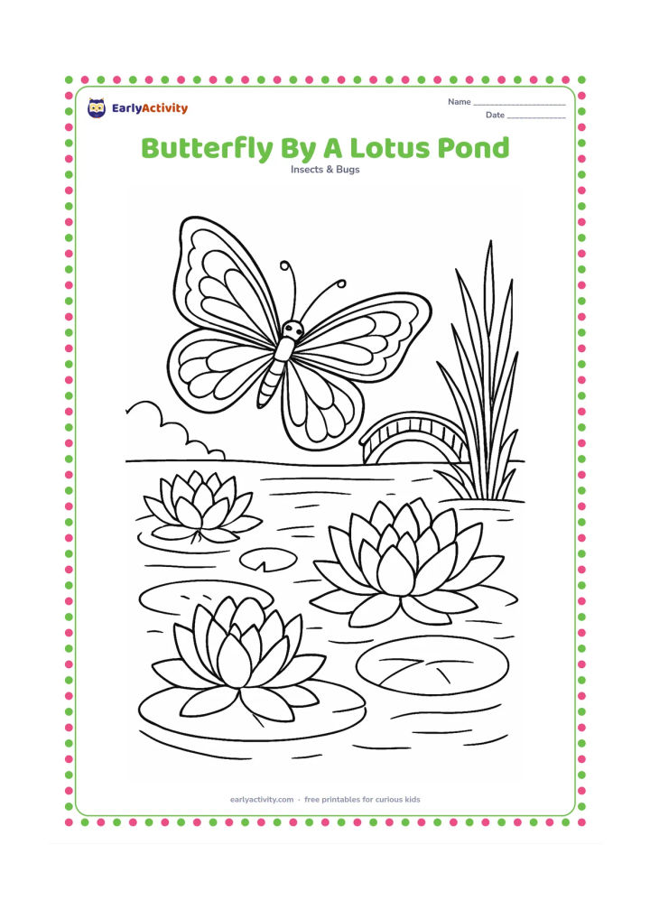 Colouring page: Draw a butterfly hovering over lotus flowers beside a pond, with lily pads, reeds, water ripples, and a small arched garden bridge in the distance. Include a detailed but open view of…