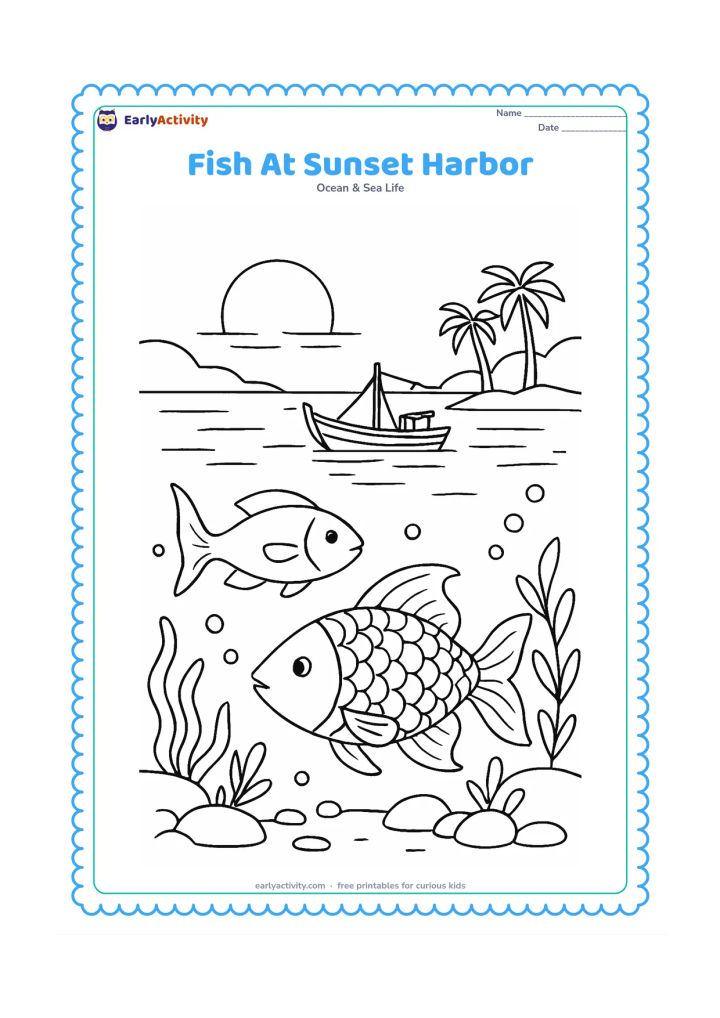 Colouring page: Draw a fish swimming below a calm sunset harbor, with a small Indian fishing boat, distant shoreline, coconut trees, water reflections, seaweed, rocks and bubbles. Add a second fish in…