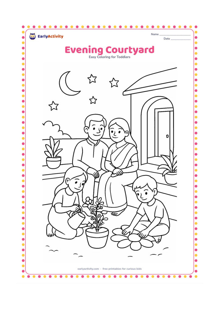 Colouring page: A family sits together in an Indian courtyard at dusk, with one child watering a tulsi plant and another arranging large flower petals near a doorway. Add a low wall, potted plants, a…