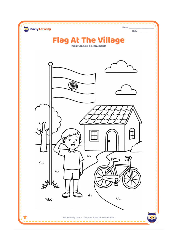 Colouring page: Draw an Indian flag raised beside a village house, with a child, a bicycle and two trees nearby. Include a simple tiled roof and a narrow path leading toward the flag.