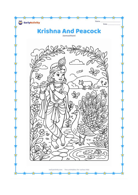 Colouring page: Draw Krishna playing his flute in a garden while a peacock spreads its tail nearby. Add flowering plants, a stone path, a small pond, butterflies, a cow in the distance, and a leafy arch.