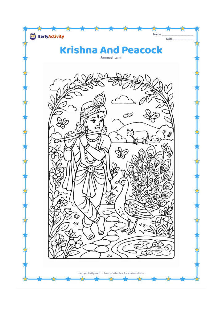 Colouring page: Draw Krishna playing his flute in a garden while a peacock spreads its tail nearby. Add flowering plants, a stone path, a small pond, butterflies, a cow in the distance, and a leafy arch.