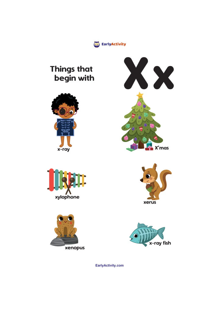 Worksheet showing uppercase and lowercase X with pictures labelled x-ray, Xmas, xylophone, xerus, xenopus and X-ray fish.
