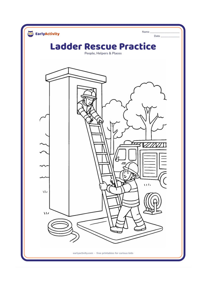 Colouring page: Draw two firefighters practising a careful ladder rescue at a training tower, with one firefighter at the window and another holding the ladder below. Add a safety mat, hose reel, engine…