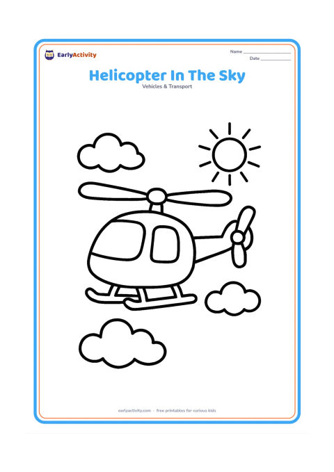 Colouring page: Draw one friendly helicopter flying high with large windows, a clear cockpit, a main rotor, a tail rotor and landing skids. Add three large clouds and a simple sun in the background.