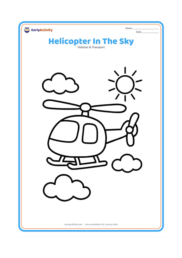 Colouring page: Draw one friendly helicopter flying high with large windows, a clear cockpit, a main rotor, a tail rotor and landing skids. Add three large clouds and a simple sun in the background.