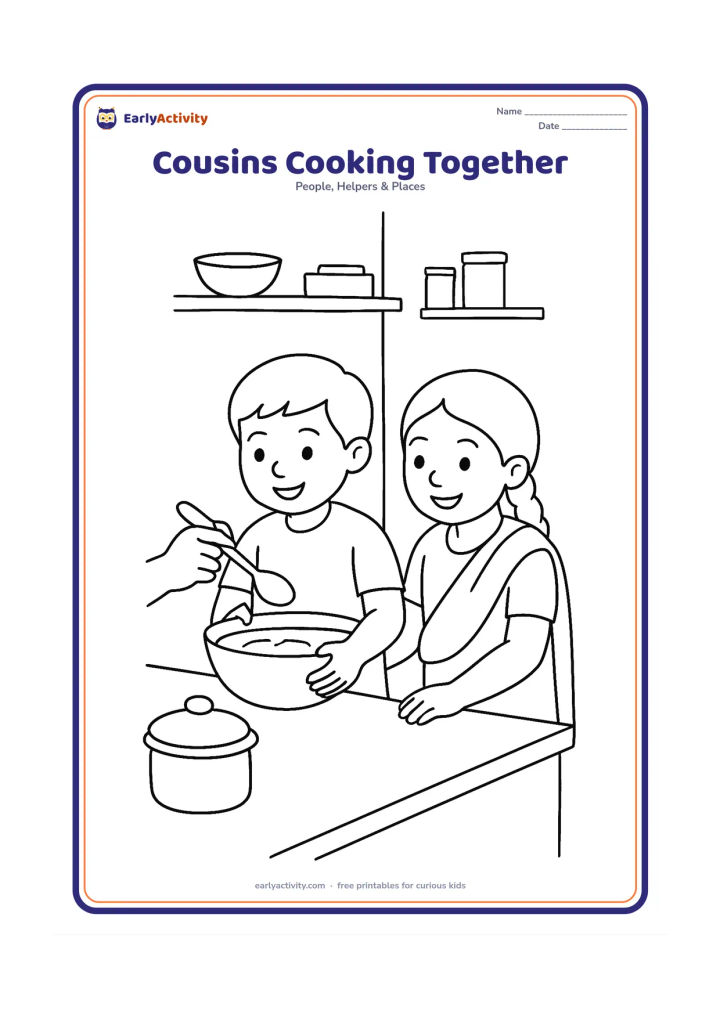 Colouring page: Two children in an Indian home kitchen mix batter in a large bowl while an adult's hand passes a spoon from the side. Include a low counter, a covered pot, and simple kitchen shelves…