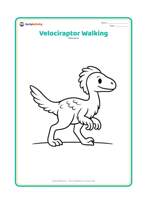 Colouring page: A small feathered velociraptor takes one clear step across a flat patch of ground, with its head forward, tail balancing behind, and one raised foot showing the curved claw.