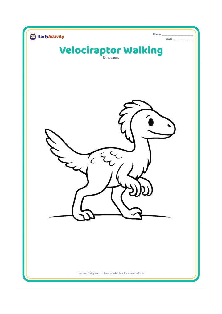 Colouring page: A small feathered velociraptor takes one clear step across a flat patch of ground, with its head forward, tail balancing behind, and one raised foot showing the curved claw.