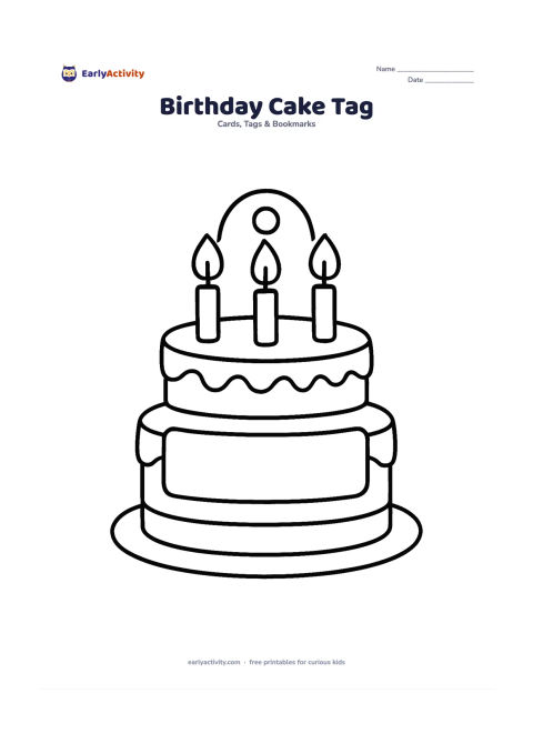 Worksheet: Draw a three-layer cake-shaped gift tag with icing edges, three unlit candles, a plate and a blank panel across the middle cake layer. Add a small hole above the candles and no lettering…