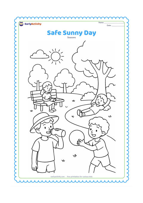 Colouring page: A group of children enjoys a park safely during a bright summer day: one wears a hat, one drinks water, one rests under shade and another plays with a ball, with trees, benches and a…
