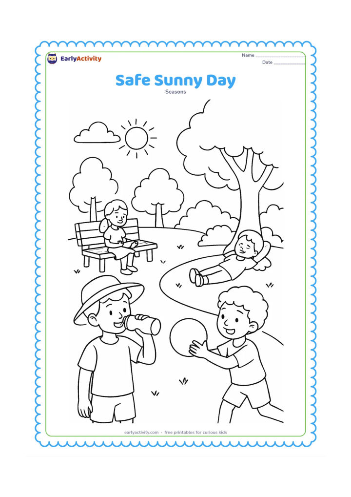 Colouring page: A group of children enjoys a park safely during a bright summer day: one wears a hat, one drinks water, one rests under shade and another plays with a ball, with trees, benches and a…