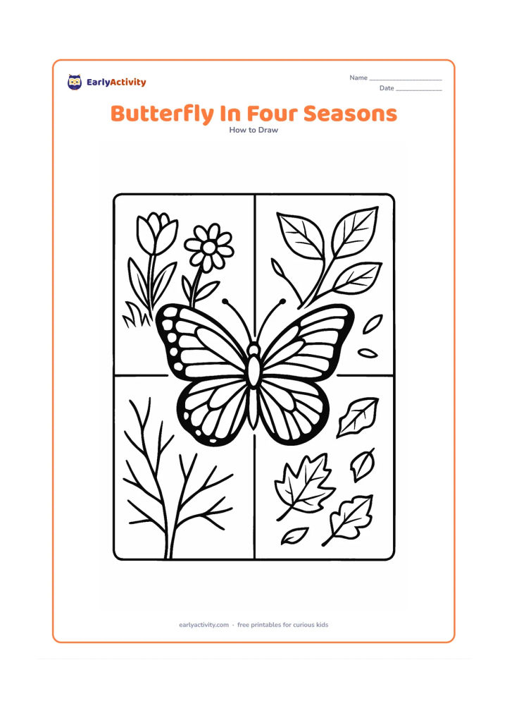 Worksheet: Divide the page into four connected garden areas around one central butterfly: spring flowers, summer leaves, autumn falling leaves and winter bare branches. Give the central butterfly…
