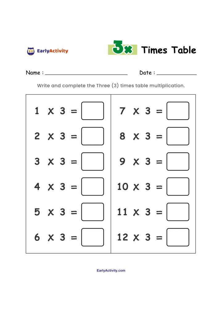 Worksheet with three times table multiplication questions from 1 × 3 to 12 × 3 and blank answer boxes.