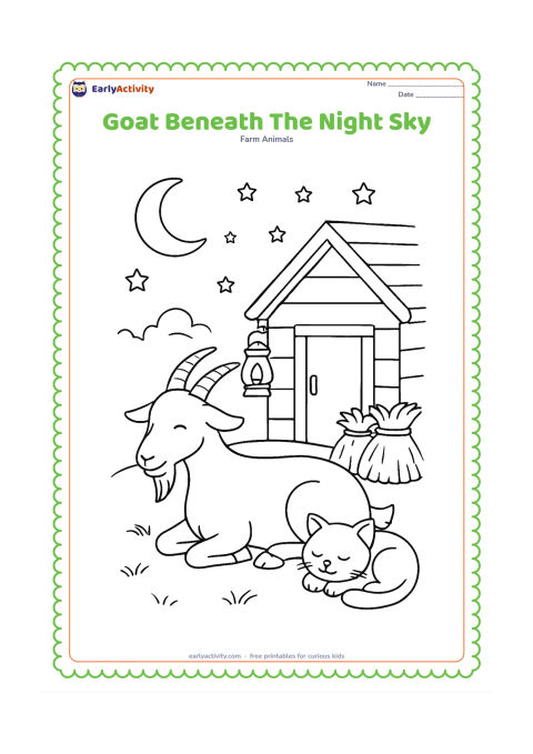 Colouring page: Draw a calm goat resting beside a small farm shed at night, with a crescent moon, stars, a lantern, hay bundles, and a sleeping barn cat curled nearby. Keep the scene peaceful and friendly.
