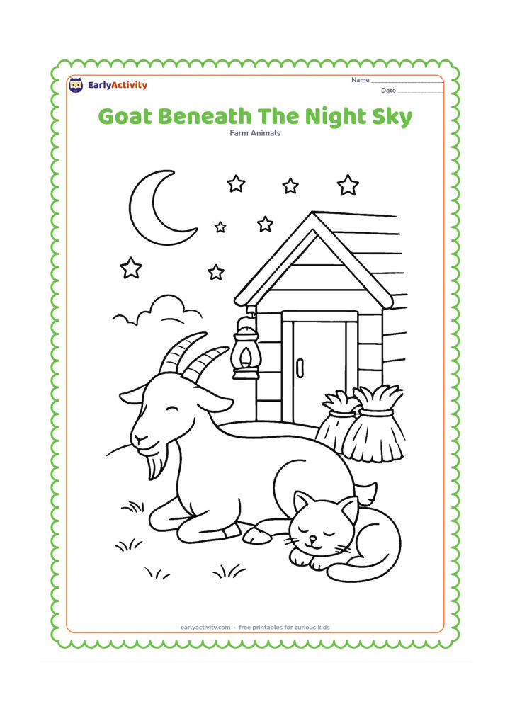Colouring page: Draw a calm goat resting beside a small farm shed at night, with a crescent moon, stars, a lantern, hay bundles, and a sleeping barn cat curled nearby. Keep the scene peaceful and friendly.