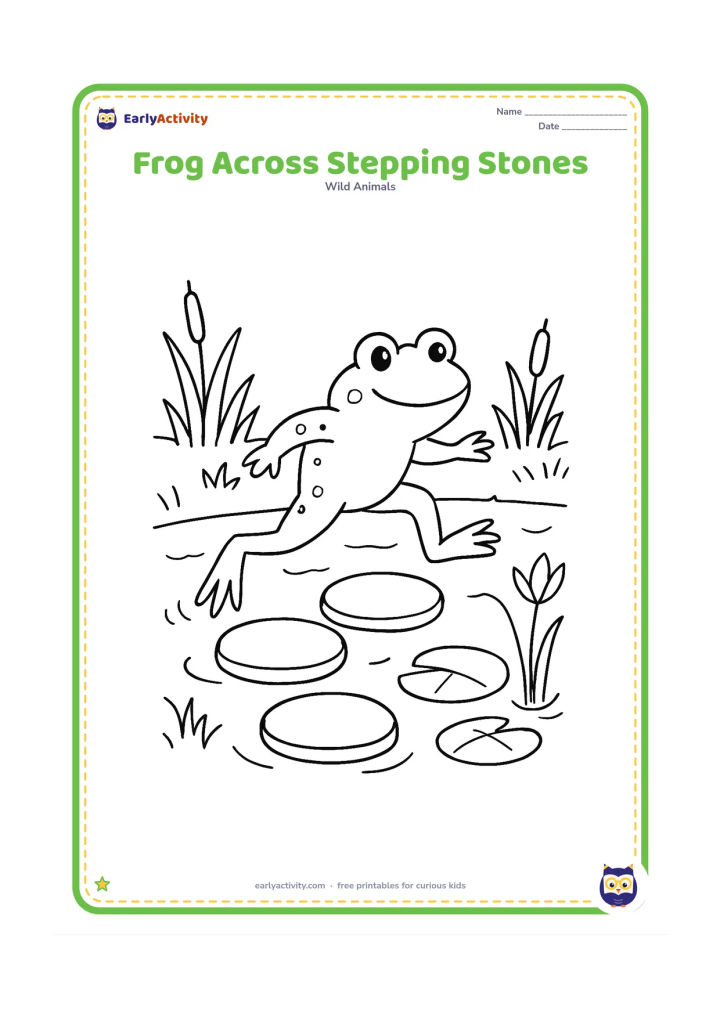 Colouring page: Draw a frog making a small hop from one rounded stepping stone to the next across a narrow pond. Add water plants, lily pads and a simple grassy bank on both sides.