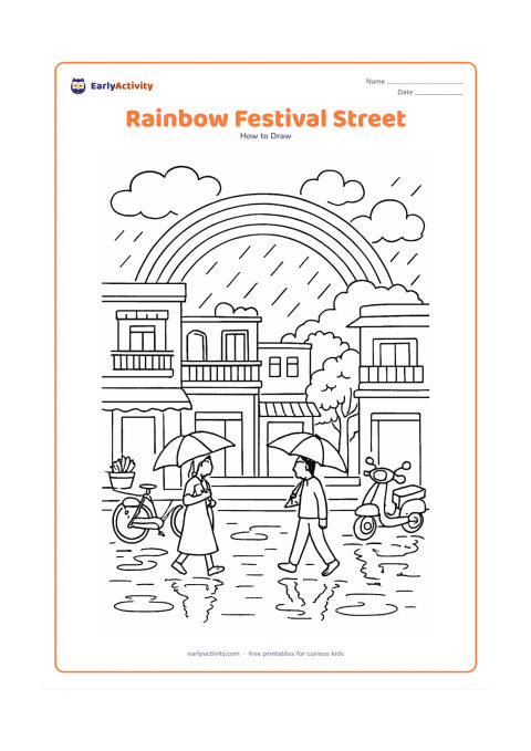 Worksheet: After a shower, a rainbow appears above an Indian street with a row of varied homes, balconies, potted plants, a bicycle, a scooter and people carrying umbrellas. Add puddles and…