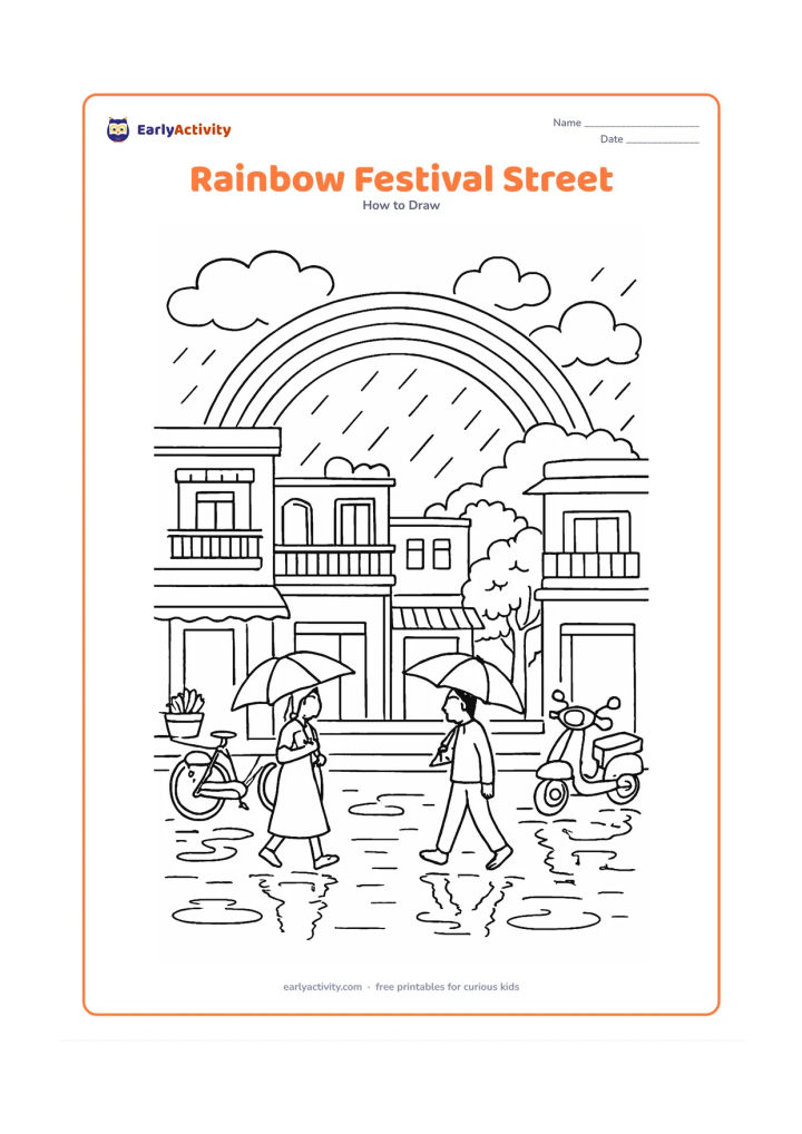 Worksheet: After a shower, a rainbow appears above an Indian street with a row of varied homes, balconies, potted plants, a bicycle, a scooter and people carrying umbrellas. Add puddles and…