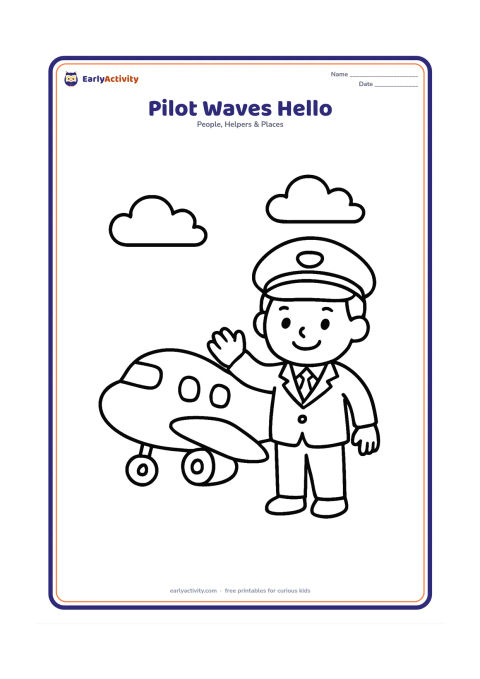 Colouring page: A smiling pilot stands beside a small passenger aeroplane and waves with one hand. Show the large plane body, two windows, simple clouds and a clear open sky.