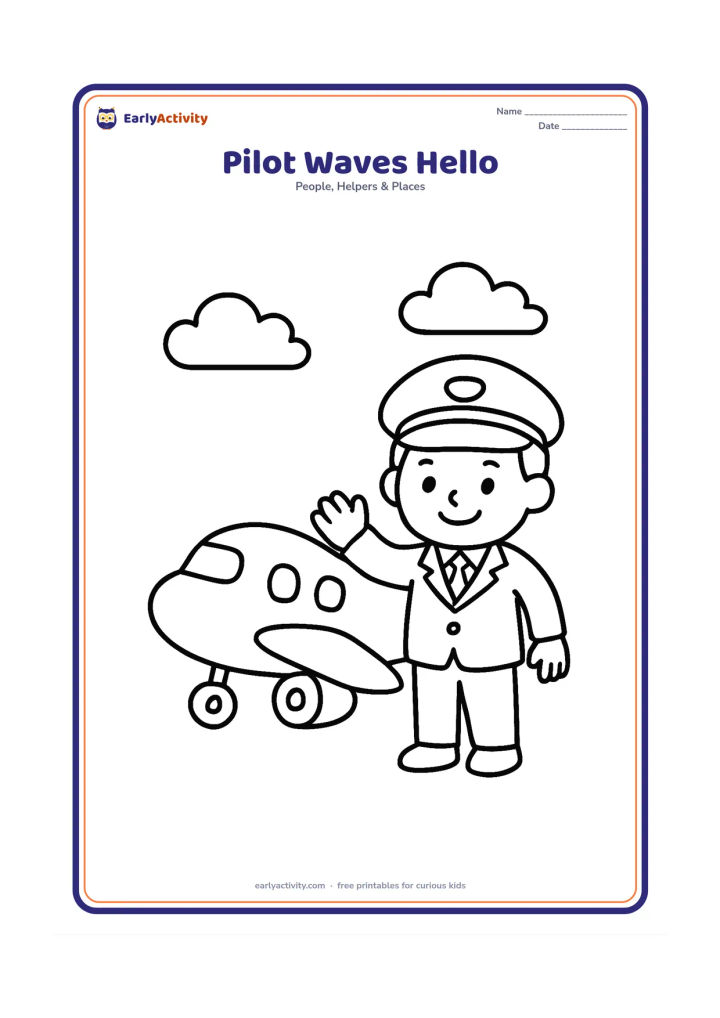 Colouring page: A smiling pilot stands beside a small passenger aeroplane and waves with one hand. Show the large plane body, two windows, simple clouds and a clear open sky.