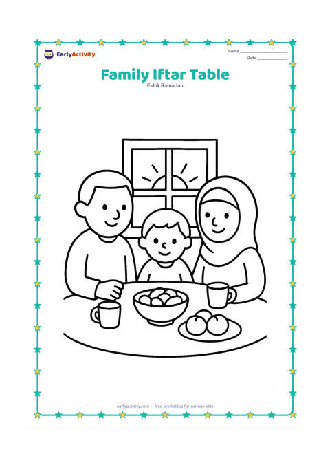 Colouring page: Two adults and one child sit around a low table with a bowl of dates, cups, and a plate of fruit as the sun sets behind a window.