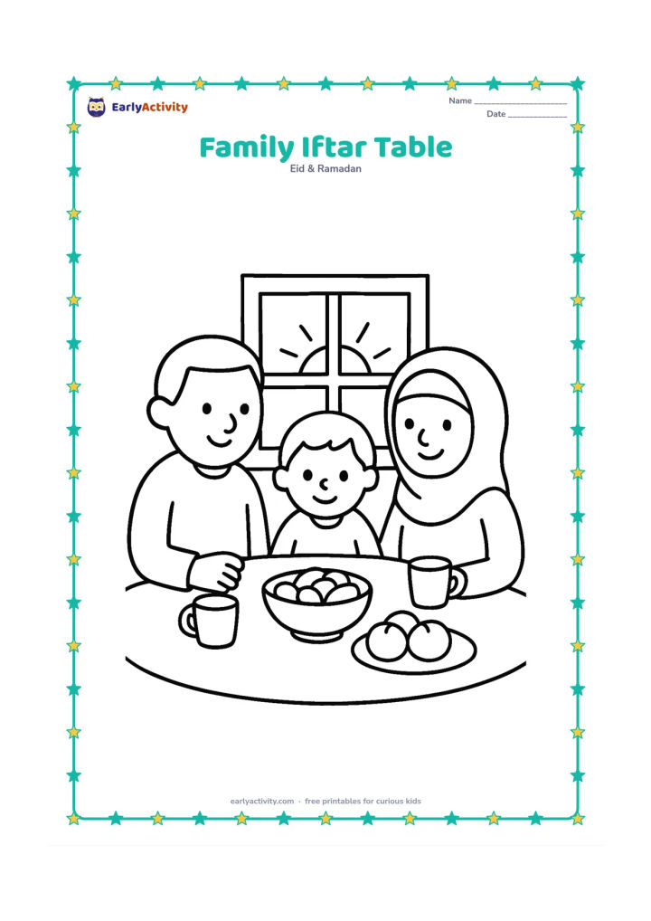 Colouring page: Two adults and one child sit around a low table with a bowl of dates, cups, and a plate of fruit as the sun sets behind a window.