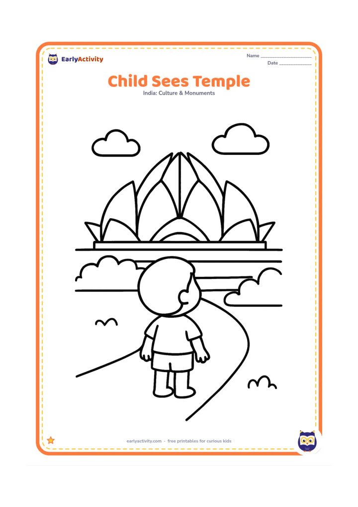 Colouring page: Show one child standing on a path and looking toward the Lotus Temple, with the temple, a pool, two clouds, and simple bushes behind. The child should be seen from behind so the monument…