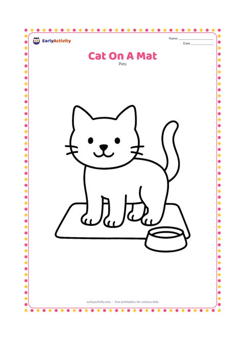 Colouring page: Draw a standing cat on a rectangular mat, with four paws, pointed ears, a long tail, and a friendly face. Add one small food bowl beside the mat.