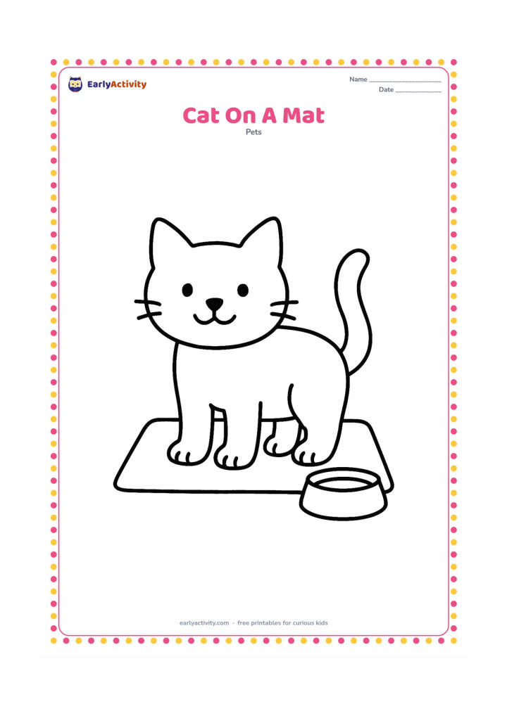 Colouring page: Draw a standing cat on a rectangular mat, with four paws, pointed ears, a long tail, and a friendly face. Add one small food bowl beside the mat.