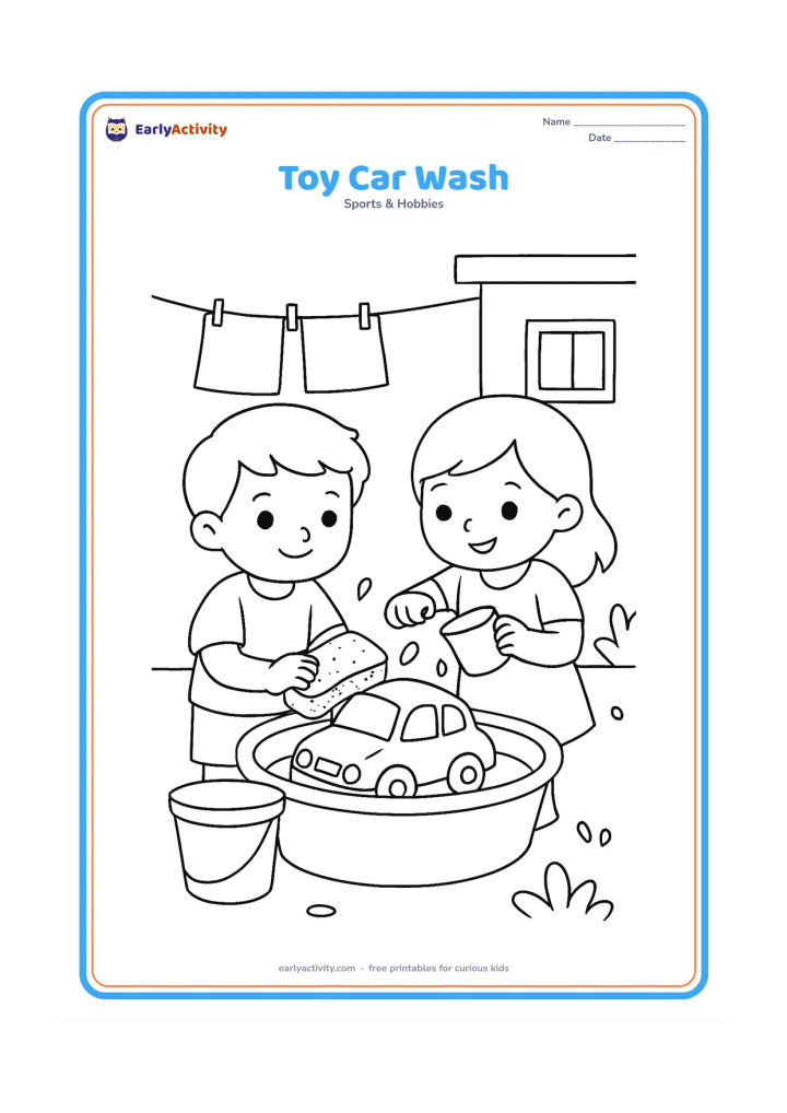 Colouring page: Two children wash a toy car in a small outdoor basin using sponges and a cup. Include a bucket, a clothesline and a few water drops in an Indian home courtyard.